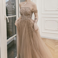 Cute tulle sequins long prom dress A line evening dress - Thumbnail 2