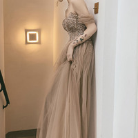 Cute tulle sequins long prom dress A line evening dress - Thumbnail 3
