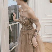 Cute tulle sequins long prom dress A line evening dress - Thumbnail 4