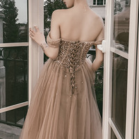 Cute tulle sequins long prom dress A line evening dress - Thumbnail 5