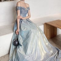 Shiny gradient satin long prom dress A line evening dress - Thumbnail 4