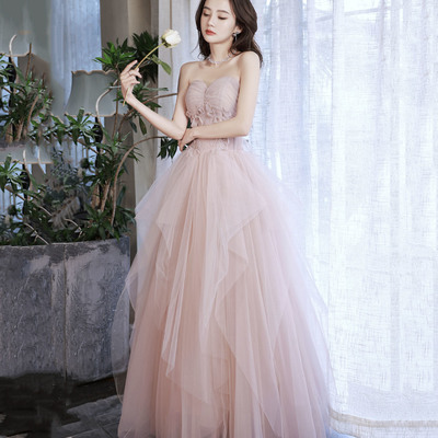 Pink tulle long prom dress pink evening dress - Thumbnail 2