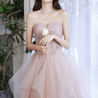 Pink tulle long prom dress pink evening dress - Thumbnail 1