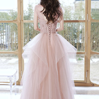 Pink tulle long prom dress pink evening dress - Thumbnail 4