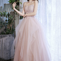 Pink tulle long prom dress pink evening dress - Thumbnail 5