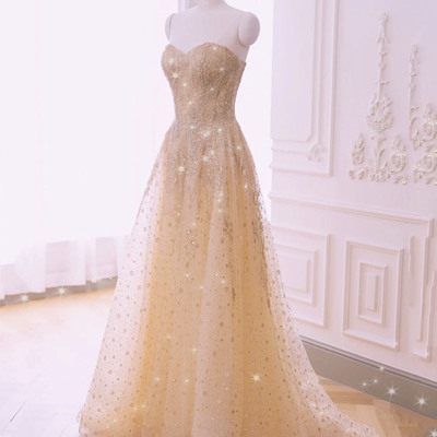 Champagne tulle sequins long prom dress evening dress - Thumbnail 1