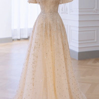 Champagne tulle sequins long prom dress evening dress - Thumbnail 1