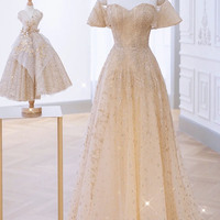 Champagne tulle sequins long prom dress evening dress - Thumbnail 2