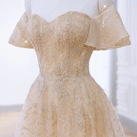 Champagne tulle sequins long prom dress evening dress - Thumbnail 3