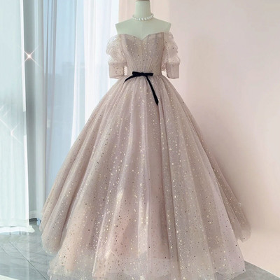 Cute tulle sequins long prom dress a line evening dress - Thumbnail 2