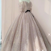 Cute tulle sequins long prom dress A line evening dress - Thumbnail 1