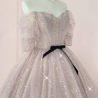 Cute tulle sequins long prom dress A line evening dress - Thumbnail 2