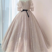 Cute tulle sequins long prom dress A line evening dress - Thumbnail 3