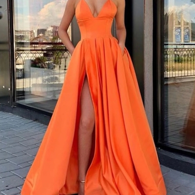 Simple v neck orange satin long prom dress, orange evening dress - Thumbnail 3