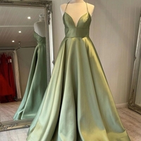 Simple A-Line Halter Sage Green Satin Long Prom Evening Dresses - Thumbnail 1