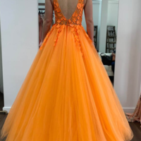 Elegant A-Line V Neck Orange Tulle Long Prom Evening Dresses eith Appliques - Thumbnail 2