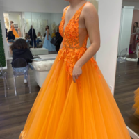 Elegant A-Line V Neck Orange Tulle Long Prom Evening Dresses eith Appliques - Thumbnail 1