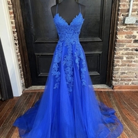 Charming A-Line V Neck Royal Blue Tulle Long Prom Dresses with Appliques - Thumbnail 1