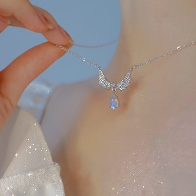Luxury pretty girl exquisite moonstone angel wings pendant necklace - Thumbnail 4