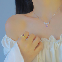 Luxury Pretty Girl Exquisite Moonstone Angel Wings Pendant Necklace - Thumbnail 2