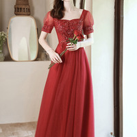 Red tulle beads long prom dress A line evening dress - Thumbnail 1