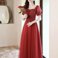 Red tulle beads long prom dress A line evening dress - Thumbnail 3