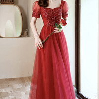 Red tulle beads long prom dress A line evening dress - Thumbnail 4