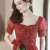 Red tulle beads long prom dress A line evening dress - Thumbnail 5