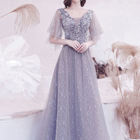 Gray tulle sequins long prom dress A line evening dress - Thumbnail 1