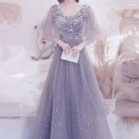 Gray tulle sequins long prom dress A line evening dress - Thumbnail 2
