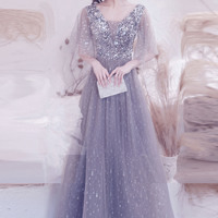 Gray tulle sequins long prom dress A line evening dress - Thumbnail 3