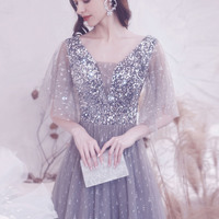 Gray tulle sequins long prom dress A line evening dress - Thumbnail 5