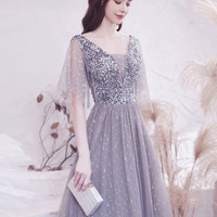Gray tulle sequins long prom dress A line evening dress - Thumbnail 6