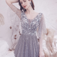 Gray tulle sequins long prom dress A line evening dress - Thumbnail 7