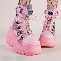 Pink Killer Platform Ankle Boots Lace-Up Cavalier Punk Women's Boots - Thumbnail 1