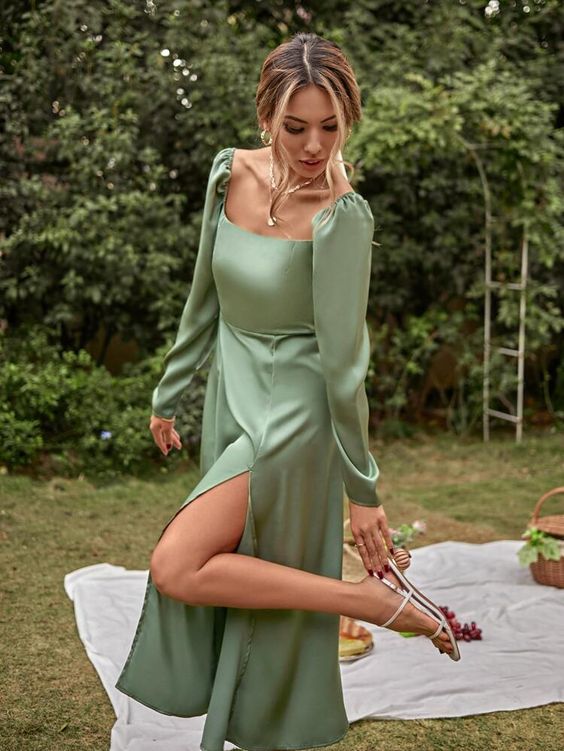 Beautiful A-Line Square Neck Long Sleeve Sage Green Prom Dresses Bridesmaid Dresses