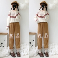 Spring Autumn Winter Bear Teddy Embroidery Wide Leg Trouser Pants - Thumbnail 1