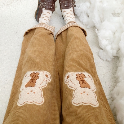 Spring autumn winter bear teddy embroidery wide leg trouser pants