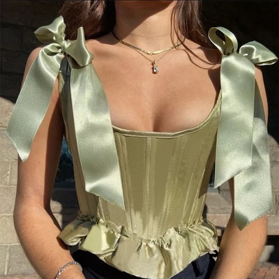 Cute lace ribbon bow tie solid square collar patchwork sleeveless corset top summer aesthetic casual e-girl kawaii korean japanese harajuku