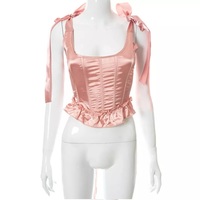 Cute Lace Ribbon Bow Tie Solid Square Collar Patchwork Sleeveless Corset Top Summer Aesthetic Casual E-Girl Kawaii Korean Japanese Harajuku - Thumbnail 5