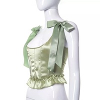 Cute Lace Ribbon Bow Tie Solid Square Collar Patchwork Sleeveless Corset Top Summer Aesthetic Casual E-Girl Kawaii Korean Japanese Harajuku - Thumbnail 4