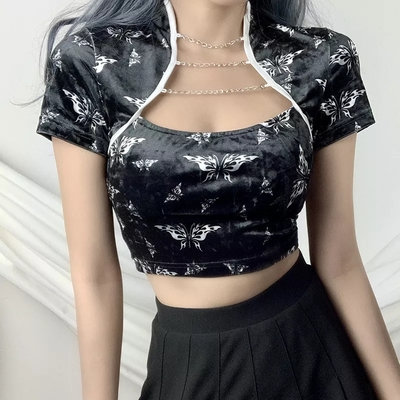 Cute chinese style butterfly crop top short sleeve shirt blouse summer aesthetic casual e-girl kawaii korean japanese harajuku - Thumbnail 4