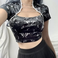 Cute Chinese Style Butterfly Crop Top Short Sleeve Shirt Blouse Summer Aesthetic Casual E-Girl Kawaii Korean Japanese Harajuku - Thumbnail 1