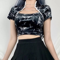 Cute Chinese Style Butterfly Crop Top Short Sleeve Shirt Blouse Summer Aesthetic Casual E-Girl Kawaii Korean Japanese Harajuku - Thumbnail 2