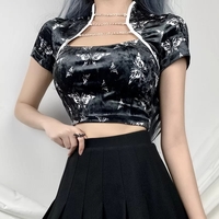 Cute Chinese Style Butterfly Crop Top Short Sleeve Shirt Blouse Summer Aesthetic Casual E-Girl Kawaii Korean Japanese Harajuku - Thumbnail 3