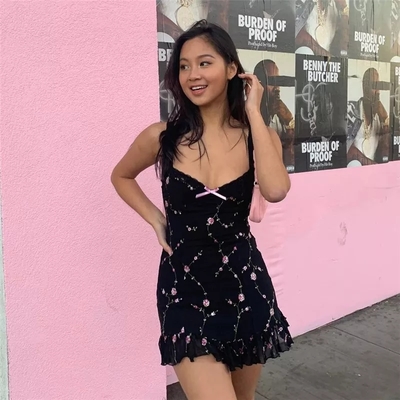 Cute sweet flower mesh embroidery v-neck sling a-line mini dress summer aesthetic casual e-girl kawaii korean japanese harajuku - Thumbnail 5