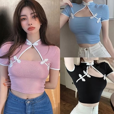 Cute sexy chinese style hollow out short sleeve shirt blouse crop top summer aesthetic casual e-girl kawaii korean japanese harajuku