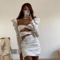 Cute Diamond Ruched Bandage Lace Up Hollow Out Long Sleeve Bodycon Dress Summer Party Club Aesthetic E-Girl Kawaii Korean Japanese Harajuku - Thumbnail 5