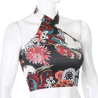 Cute Sexy Dragon Flower Print Halter Sleeveless Backless Crop Tank Top Summer Aesthetic Casual E-Girl Kawaii Korean Japanese Harajuku - Thumbnail 5