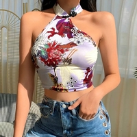Cute Sexy Dragon Flower Print Halter Sleeveless Backless Crop Tank Top Summer Aesthetic Casual E-Girl Kawaii Korean Japanese Harajuku - Thumbnail 4